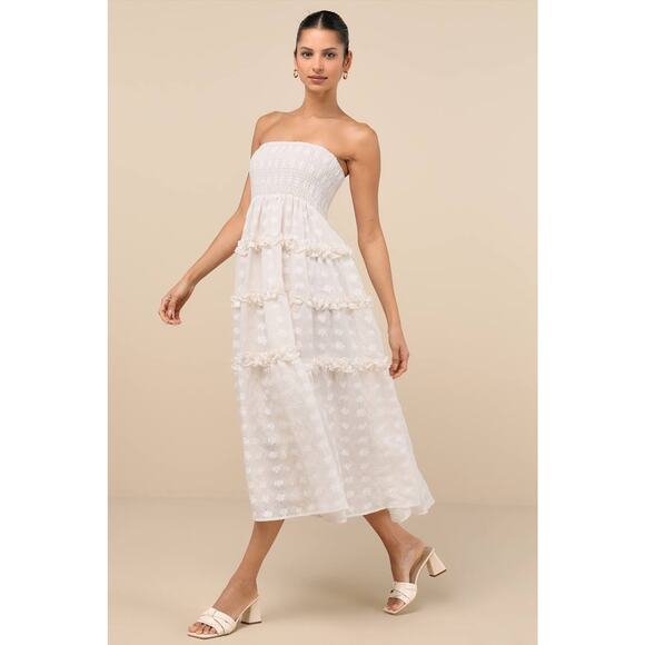 NWT Lulus Beautiful Sentiments Ivory Floral Strapless Tiered Midi Dress Size XL - Picture 6 of 10